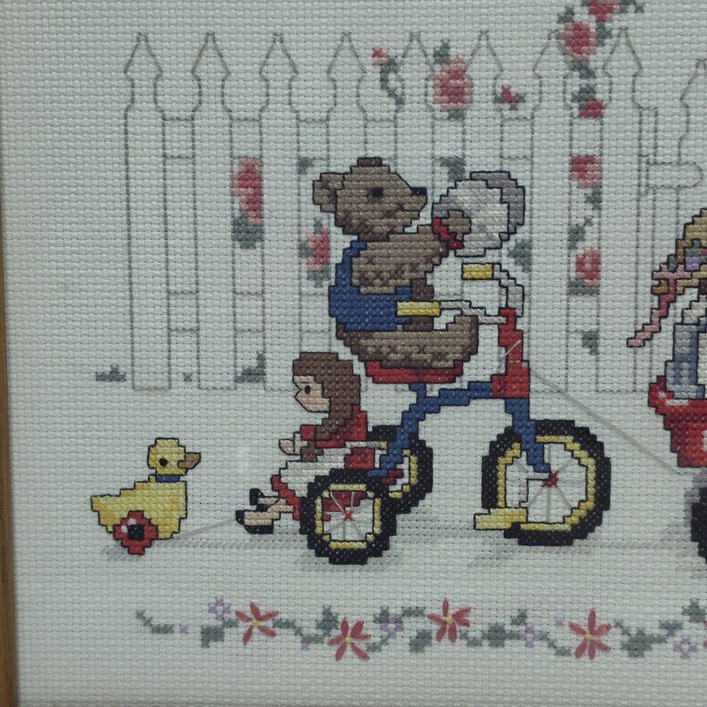 Vintage Framed Handmade Cross Stitch Embroidery 17"x10" Girl With Toys In Cart - Picture 2 of 7